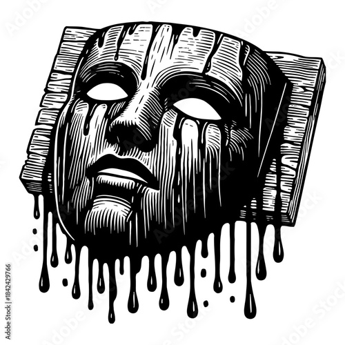 Abstract Monochromatic Mask With Dripping Liquid Effect On Wood Block Background