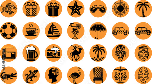 Travel and culture icon set featuring black silhouette symbols of beach elements, animals, drinks, masks, and tropical designs in orange circles