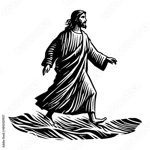 Biblical Figure Walking on Water in Dramatic Black and White Woodcut Style