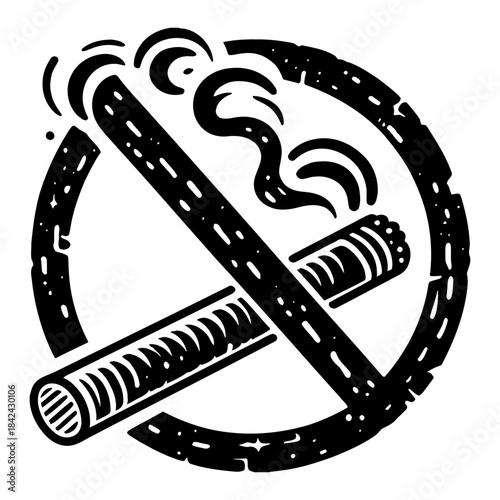 Black and White No Smoking Symbol with Two Crossed Cigarettes and Smoke Wisps