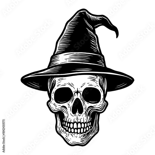 Black And White Skull Wearing A Pointed Witch Hat Isolated On White Background Vector Illustration