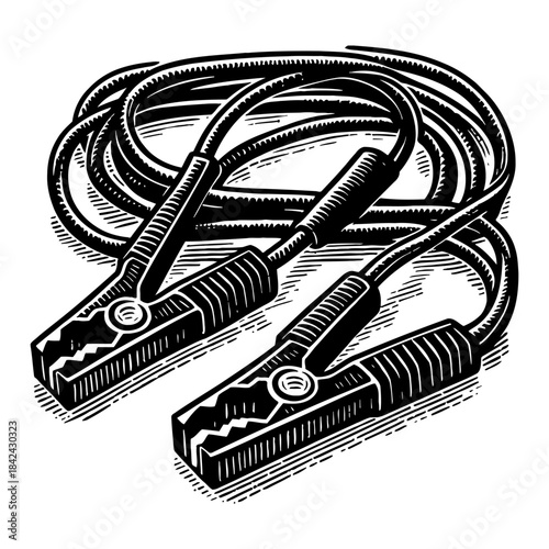 Black Car Jumper Cables With Alligator Clips and Coiled Wire In Black and White Etching Style