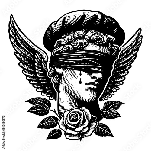 Blindfolded Angelic Bust With Rose and Wings Black and White Line Art Portrait