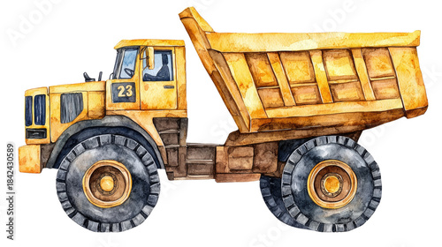 Watercolor Illustration of a Yellow Dump Truck on White Background