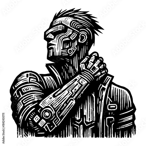 Cyberpunk Man With Robotic Arm And Futuristic Visor In Dramatic Black And White Etching Style