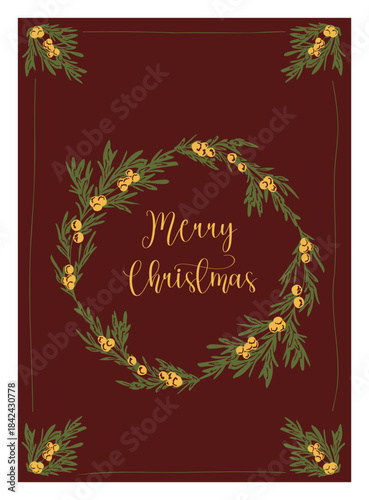 Vintage Christmas card with green festive branches forming a frame. Holiday card and invitation. Tree and pine cones frame. Poster, holiday cover, banner, flyer. Hand drawn vector illustration