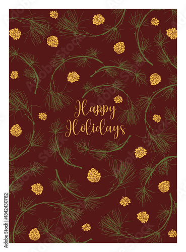 Vintage Christmas card with green festive branches background. Holiday card and invitation. Tree and pine cones frame. Poster, holiday cover, banner, flyer. Hand drawn vector illustration