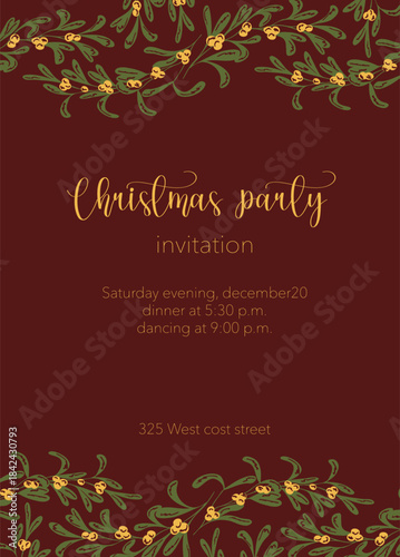 Christmas party invitation with green festive branches. Holiday vintage card with copy space. Poster, holiday cover, banner, flyer. Hand drawn vector illustration on burgundy background