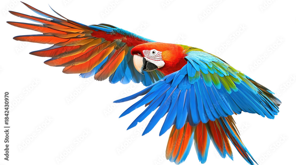 Fototapeta premium Vibrant Macaw with Colorful Feathers in Mid-Flight Capture