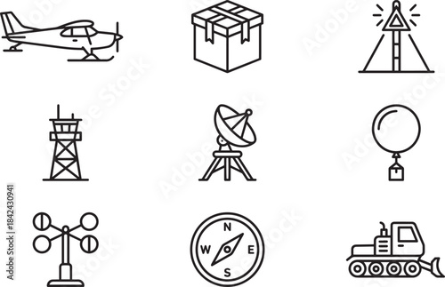 Airport and aviation outline icons set with small plane control tower and radar satellite