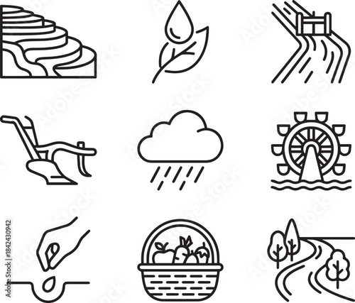 Agricultural farming and harvest line icons set rural land cultivation elements