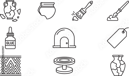 Art and craft creative process line icons set showing pottery painting and restoration tools
