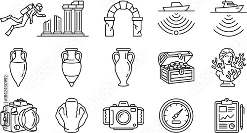 Archaeology and underwater exploration outline icons set ancient ruins