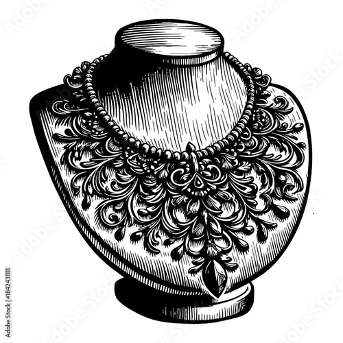 Elegant Pearl Necklace Displayed On Ornate Bust Detailed Vintage Illustration