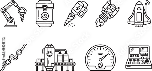 Industrial and scientific outline icons set production control research laboratory equipment