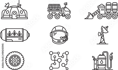 Mars colonization and space exploration line icons set showing future planet development