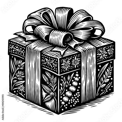 Engraved Gift Box With Ribbon And Bow Detailed Floral Pattern Black And White Artistic Illustration