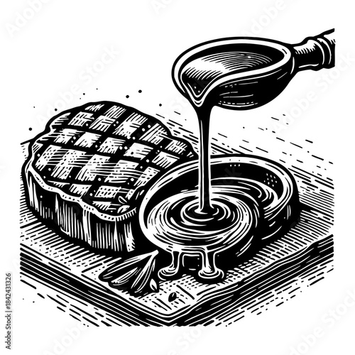 Grill Steak With Sauce Pouring From Ladle On Wooden Board In Vintage Style
