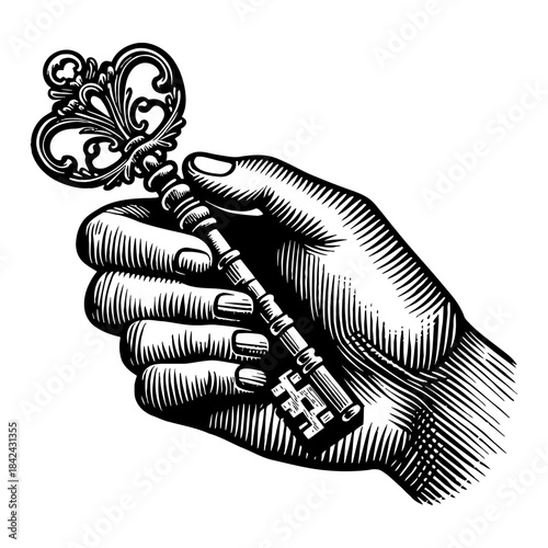 Hand Holding Ornate Vintage Key Detailed Engraving Black And White