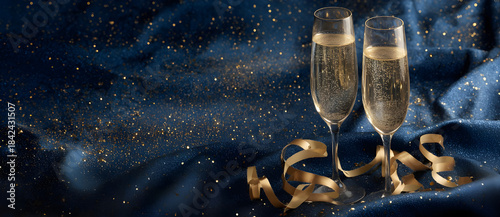 new year's background with champagne glasses and golden ribbons 