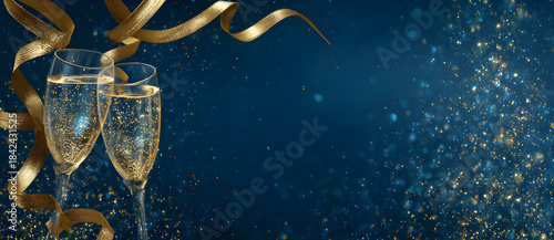 new year's background with champagne glasses and golden ribbons 