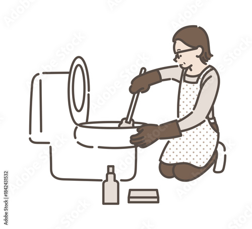 トイレ掃除をする40代女性のイラスト