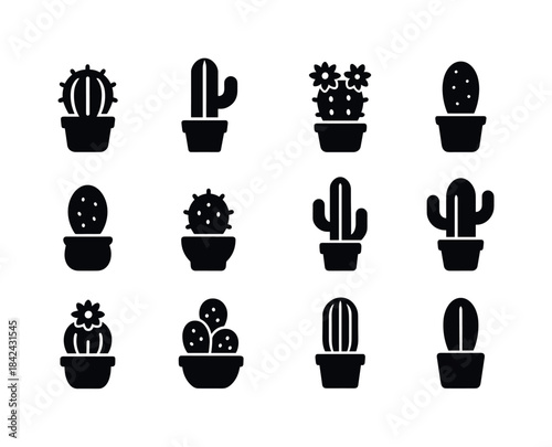 Potted Cactus Icons. potted cacti. Solid icon set of potted cact