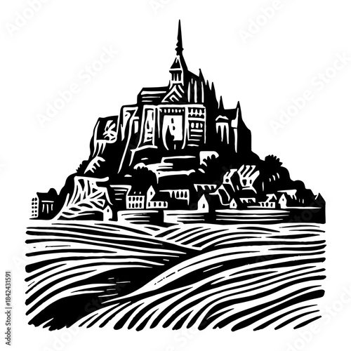 Historic Abbey On Rocky Island With Wavy Foreground In Black And White Etching Style
