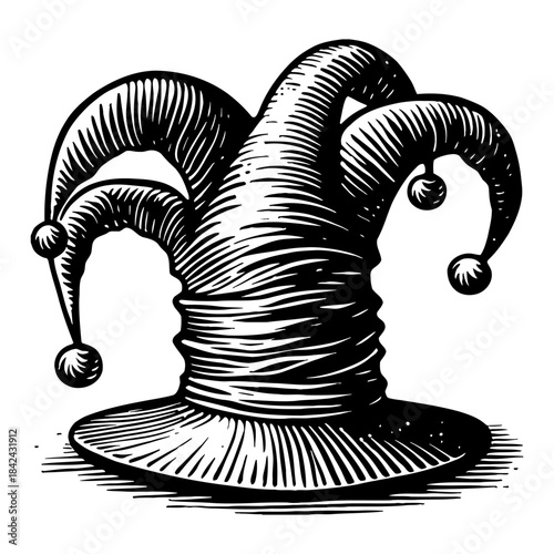 Jester Hat With Three Points And Dangling Pom Poms Black And White Sketch