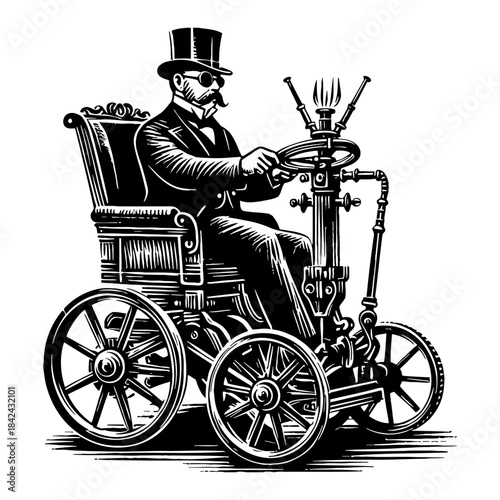 Man in Top Hat Drives Antique Automobile with Smoke and Steam Vector Art
