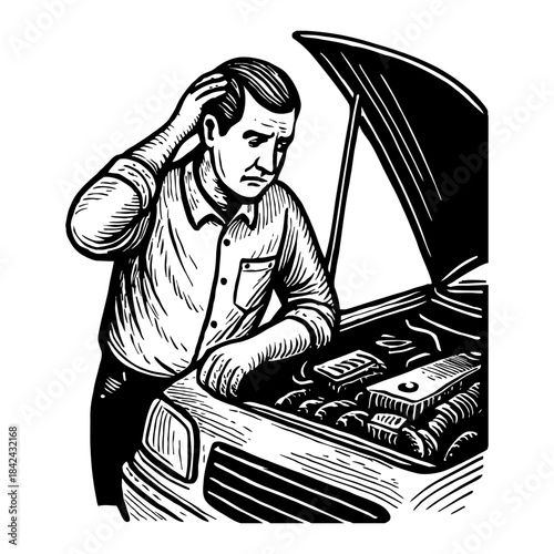 Man Puzzled By Car Engine Trouble Under Open Hood Black and White Illustration