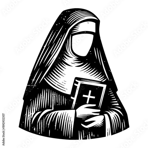 Medieval Nun Holding Holy Bible Religious Devotion In Black And White Woodcut Style