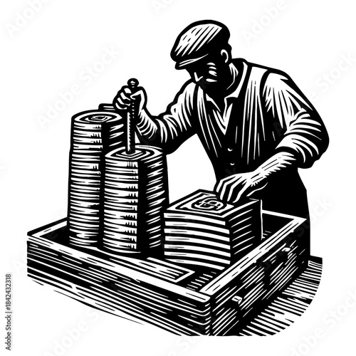 Man Working In A Factory Operating Machinery With Stacked Items And Boxes In A Wooden Tray