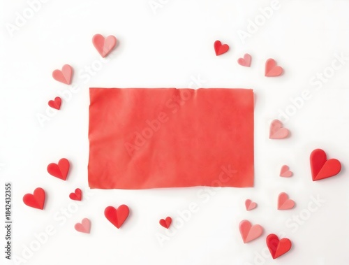 simple illustration of cute cozy empty red paper and subtle texture surrounded by scattered decorative hearts in various sizes and pastel colors on a white background