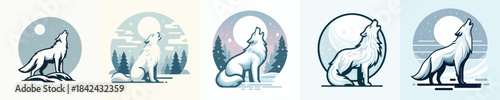 The winter wolf is howling. Vector, minimalist, illustration, icon set.