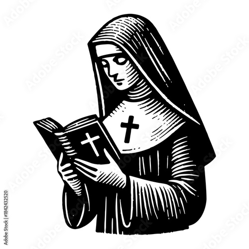 Nun Reading Holy Bible In Religious Habit With Cross Pendant