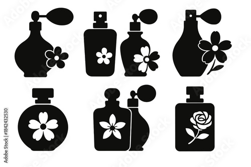 Six elegant black silhouette icons of perfume bottles and floral decorations