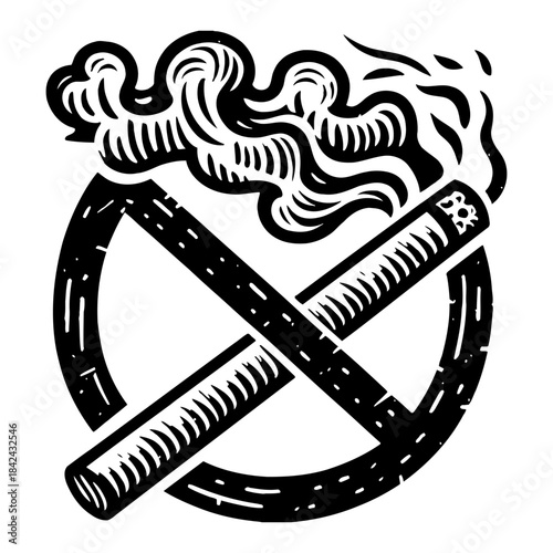 No Smoking Symbol with Crossed Cigarettes and Smoke Black and White Woodcut Illustration