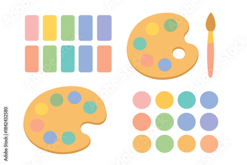 Pastel color palettes, paint swatches, and artist brush for creative design