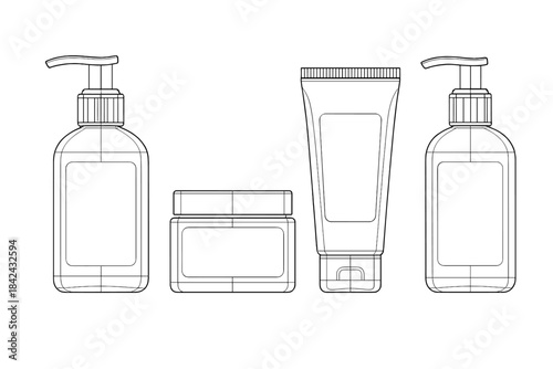Outline cosmetic product containers set including pump bottles, cream jar, and lotion tube packaging