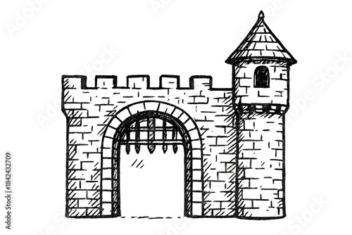 Medieval stone castle entrance structure featuring battlements and a conical turret