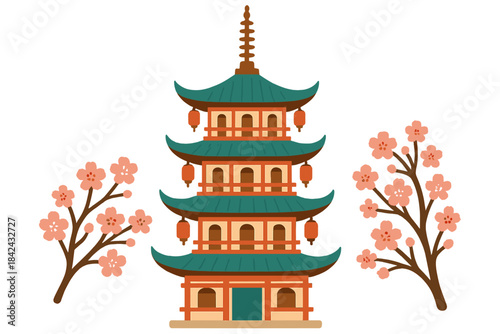 Traditional tiered Asian pagoda architecture with green roofs and lanterns framed by blooming cherry blossoms