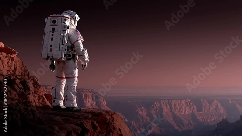 Astronaut stands on rocky surface looking at distant landscape