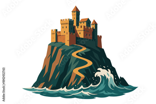 Medieval fortress castle on steep cliff above crashing ocean waves with winding path