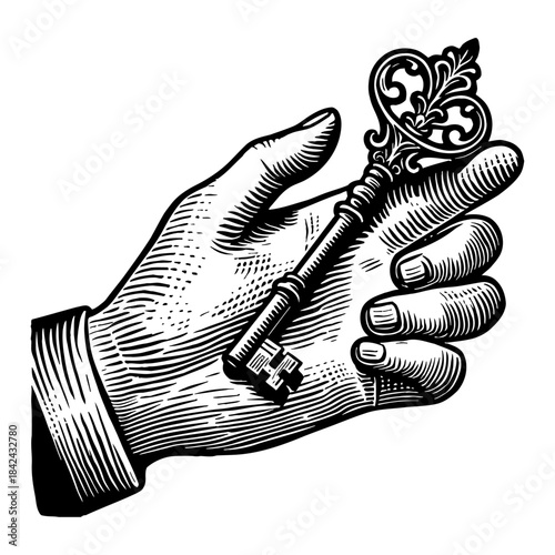 Ornate Key Held In Open Hand With Striped Cuff And Vintage Engraving Style