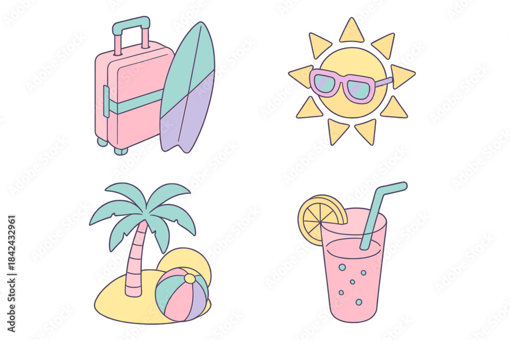 Fototapeta premium Cute pastel summer vacation essentials set including luggage, surfboard, sun, palm tree, and cocktail drink
