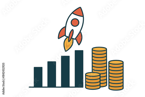 Rocket launch taking off from a financial bar chart with stacks of gold coins