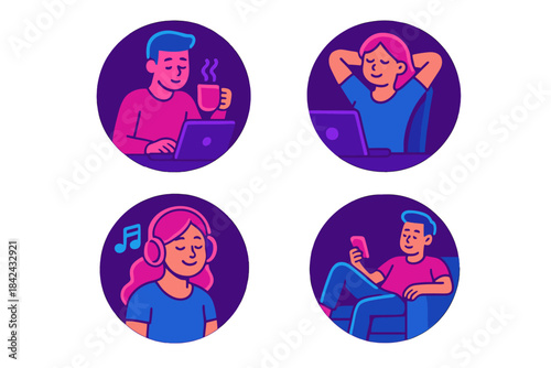 Colorful avatars of young adults using laptops, smartphones, and headphones for remote work and leisure activities