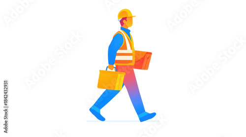 Cartoon Worker in Helmet Walking with Tools and Equipment in Hands