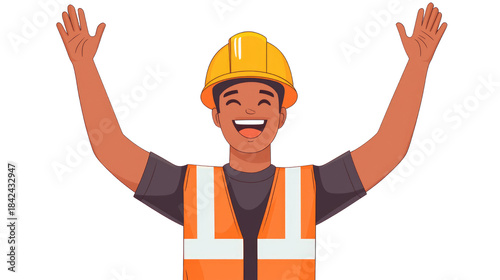 Happy Construction Worker Celebrating Success in Safety Gear